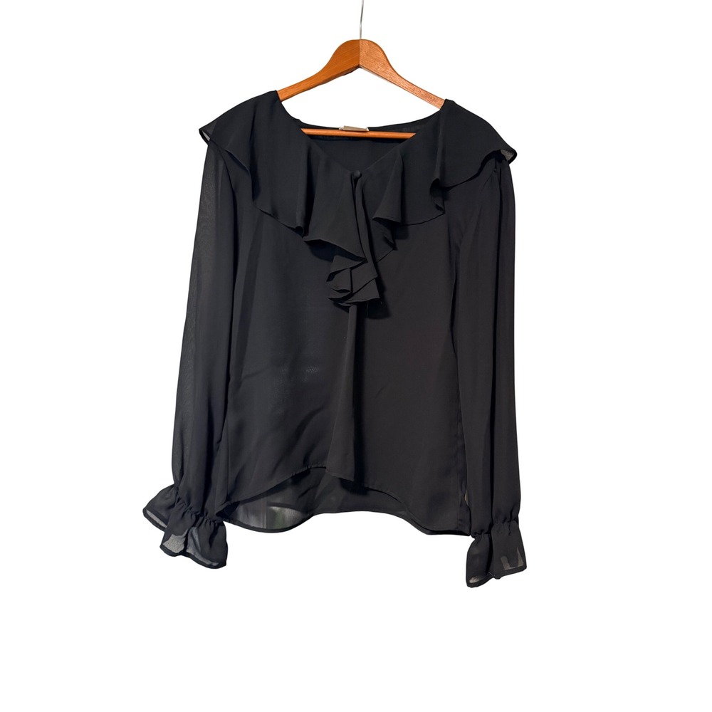 Clio Vintage Ruffle Neck Blouse Women Medium Black Chiffon Long Sleeve Top